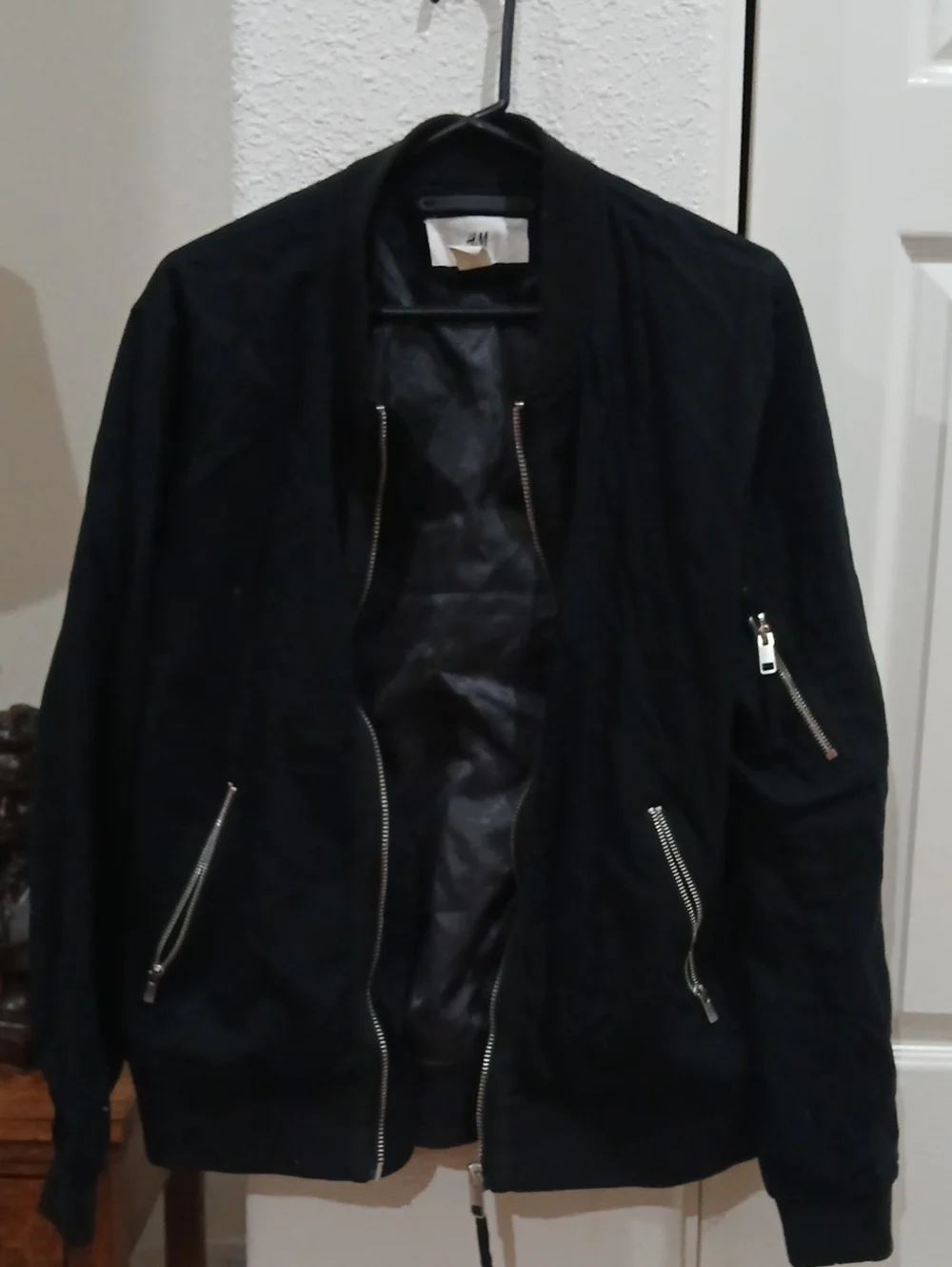 H&M Men's Black Bomber Jacket with Silver Zippers